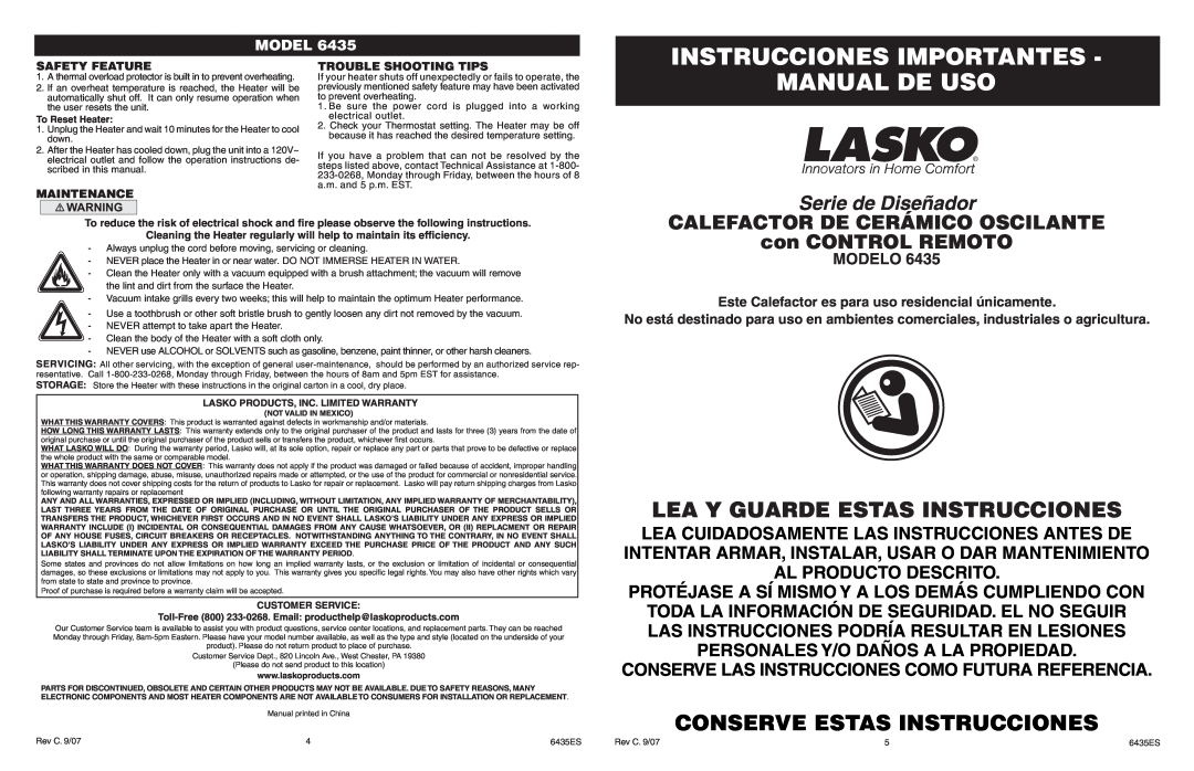 Lasko 6435 manual Instrucciones Importantes, Manual De Uso, Lea Y Guarde Estas Instrucciones, Serie de Diseñador 