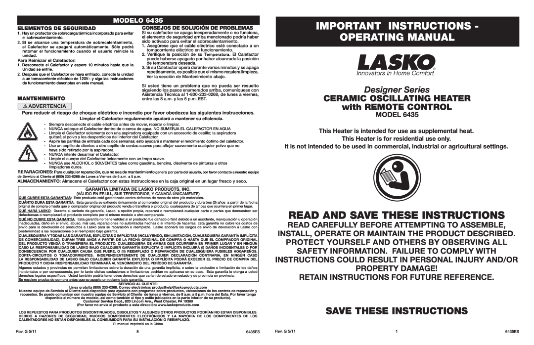 Lasko 6435 manual Important Instructions, Operating Manual, Save These Instructions, Designer Series, with REMOTE CONTROL 
