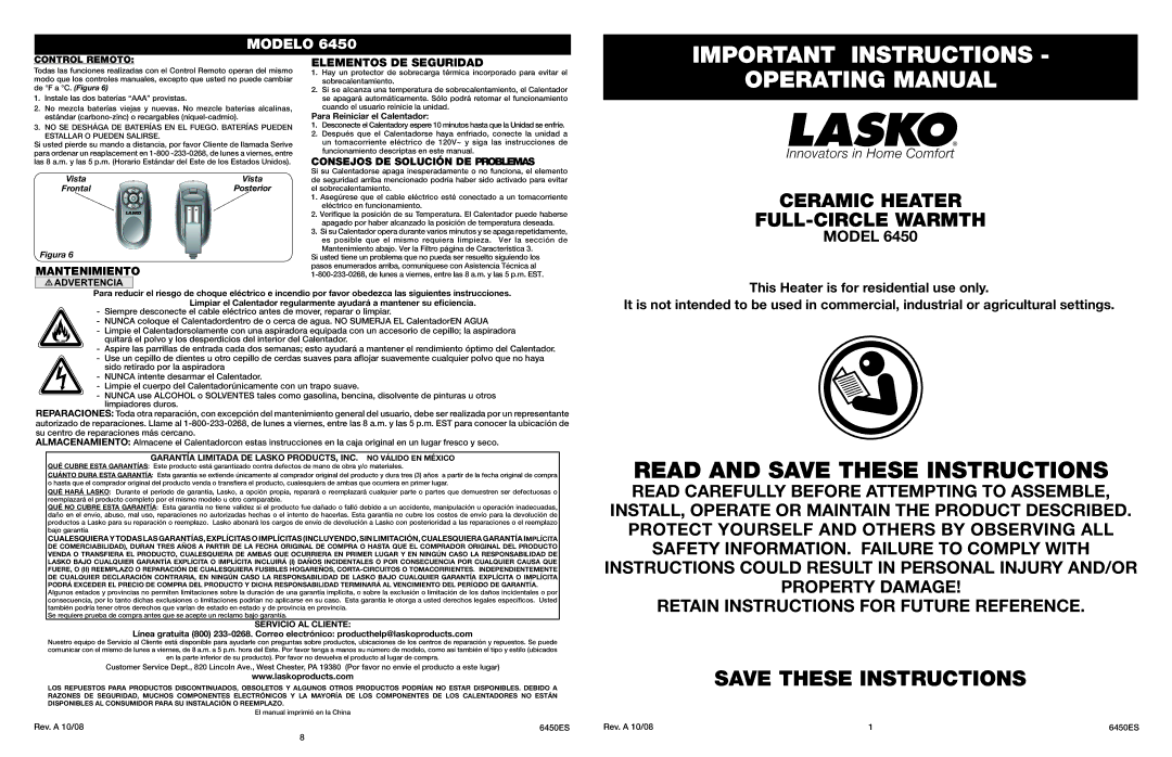 Lasko 6450 manual Elementos DE Seguridad, Mantenimiento, Control Remoto 