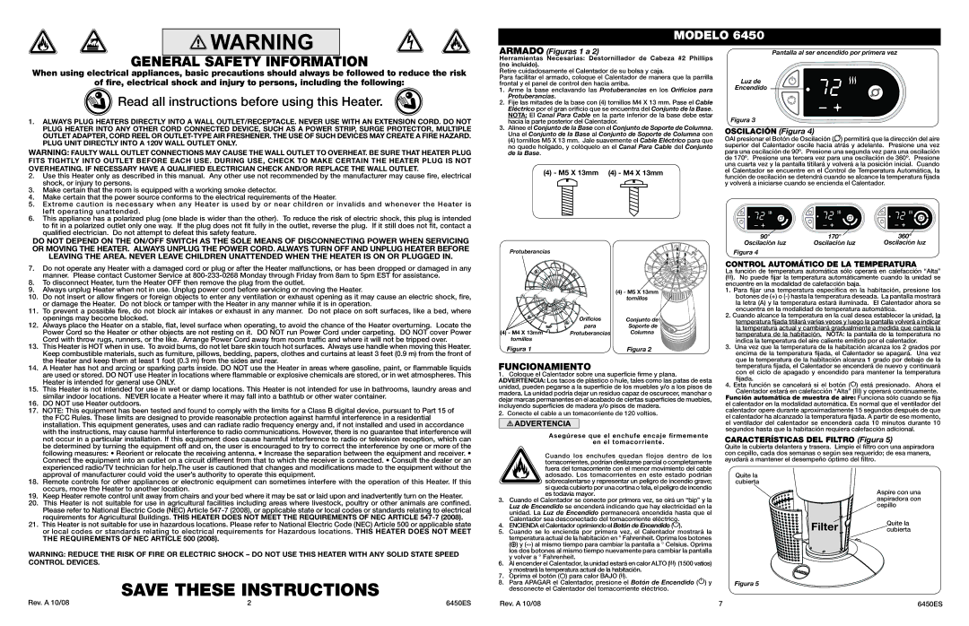 Lasko 6450 Funcionamiento, Oscilación Figura, Control Automático DE LA Temperatura, Características DEL Filtro Figura 