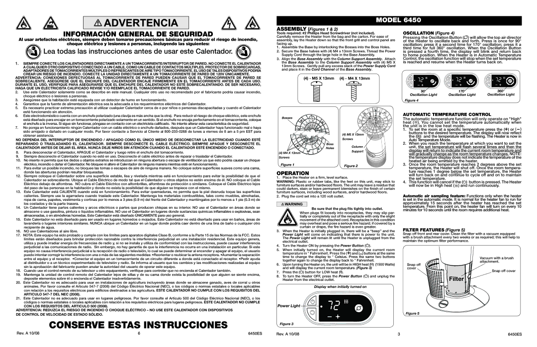 Lasko 6450 manual Operation, Oscillation Figure, Automatic Temperature Control, Filter Features Figure 