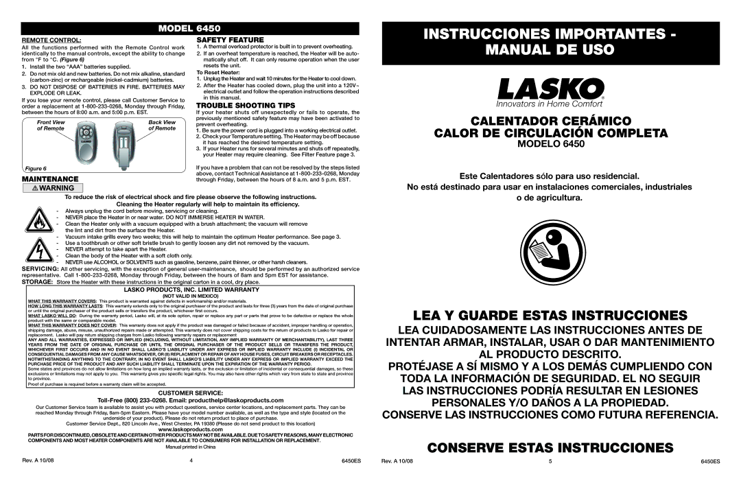 Lasko 6450 manual Maintenance Safety Feature, Trouble Shooting Tips, Remote Control,  LASKO PRODUCTS, INC. Limited Warranty 