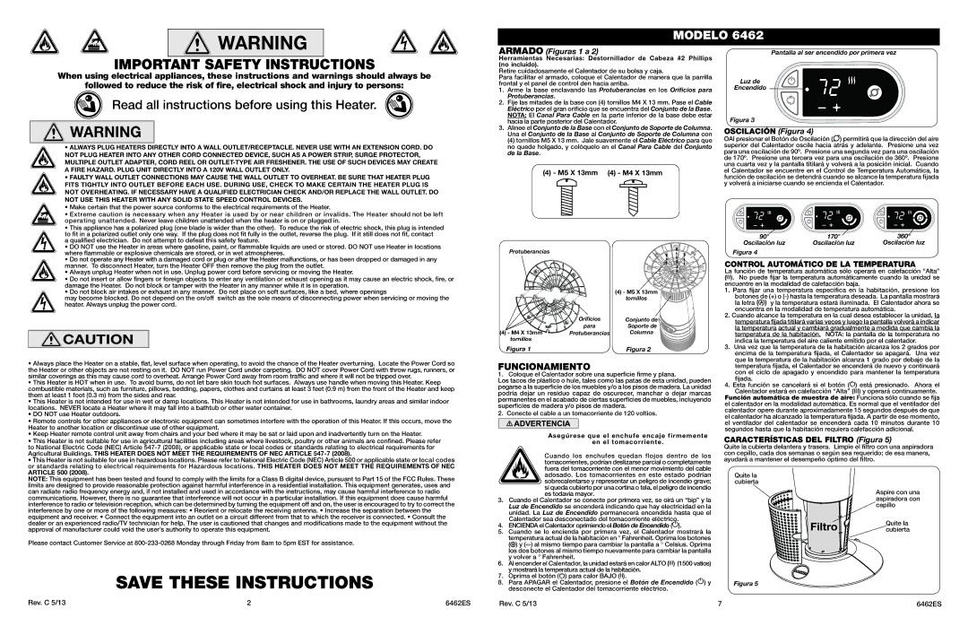 Lasko 6462 Funcionamiento, Oscilación Figura, Control Automático DE LA Temperatura, Características DEL Filtro Figura 