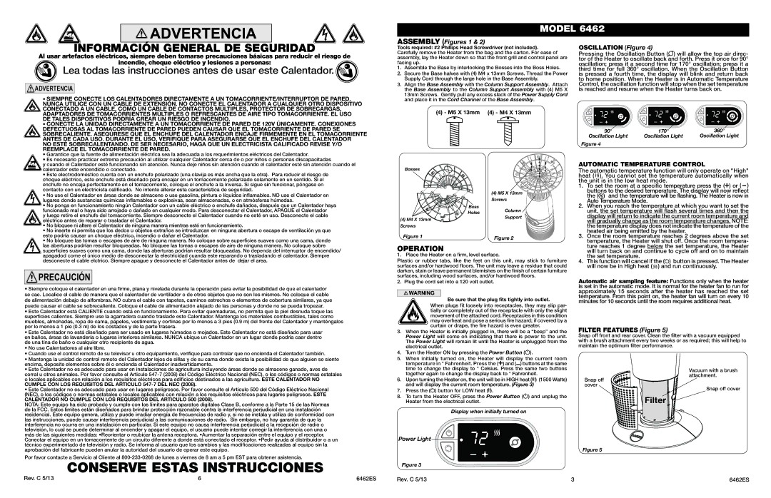 Lasko 6462 manual Operation, Oscillation Figure, Automatic Temperature Control, Filter Features Figure 