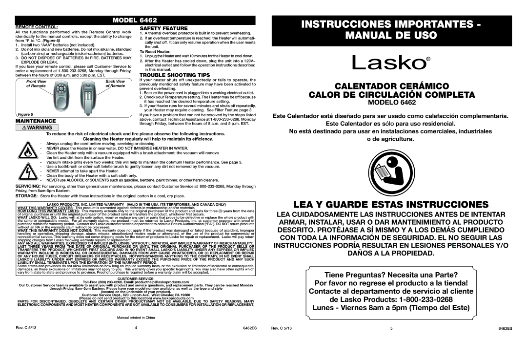 Lasko 6462 Instrucciones Importantes, Manual DE USO, Maintenance Safety Feature, Trouble Shooting Tips, Remote Control 