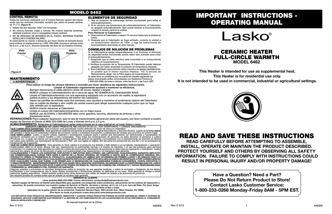 Lasko 6462 manual Important Instructions, Operating Manual, Ceramic Heater Full-Circle Warmth, Modelo, Mantenimiento 
