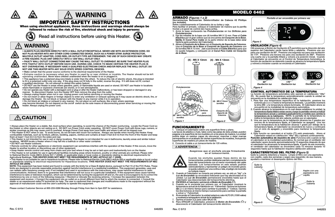Lasko 6462 Save These Instructions, Important Safety Instructions, Read all instructions before using this Heater, Filtro 
