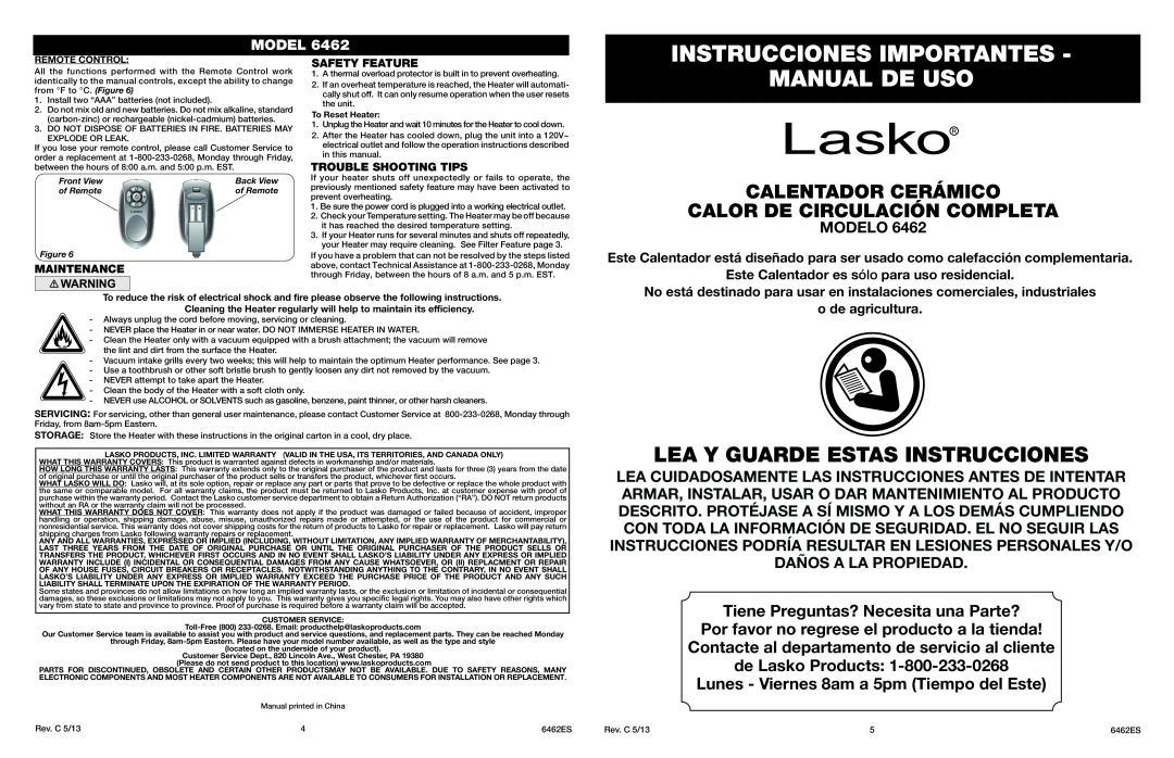 Lasko 6462 Instrucciones Importantes, Manual De Uso, Lea Y Guarde Estas Instrucciones, Modelo, o de agricultura, of Remote 