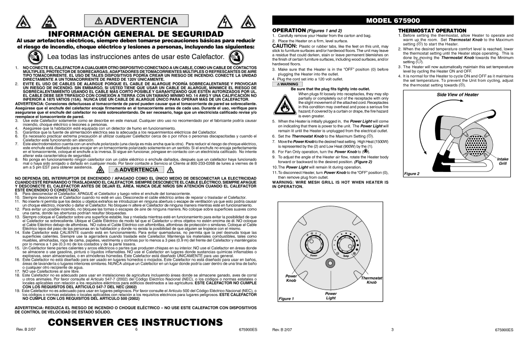 Lasko 675900 manual Información General DE Seguridad, Thermostat Operation 