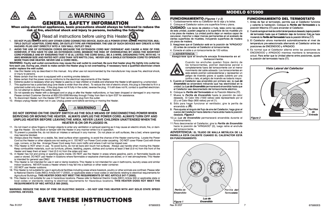 Lasko 675900 Save These Instructions, Read all instructions before using this Heater, Modelo, FUNCIONAMIENTO Figuras 1 y 