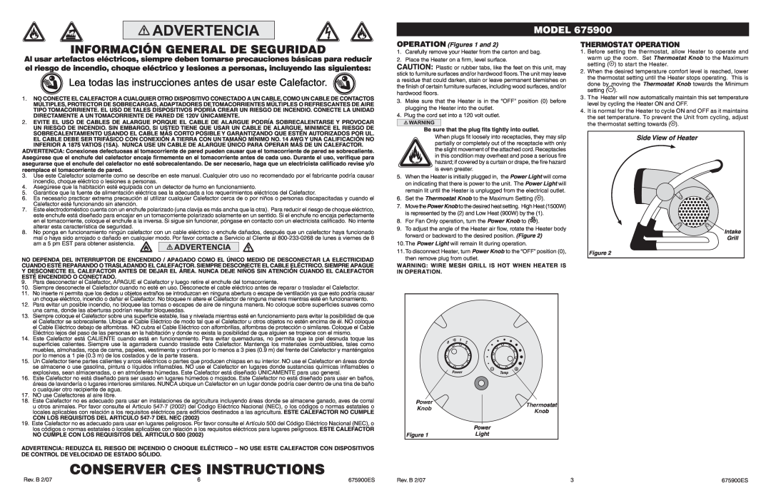Lasko 675900 Conserver Ces Instructions, Lea todas las instrucciones antes de usar este Calefactor, Model, Intake Grill 