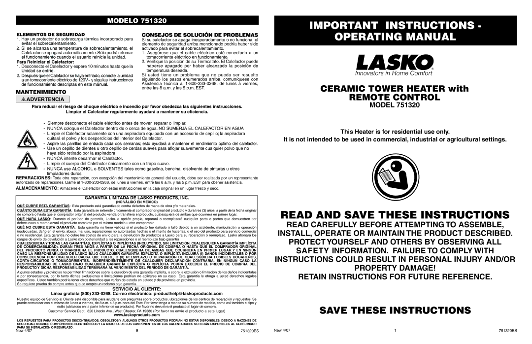 Lasko 751320 manual Elementos DE Seguridad, Para Reiniciar el Calefactor, Garantía Limitada DE Lasko PRODUCTS, INC 