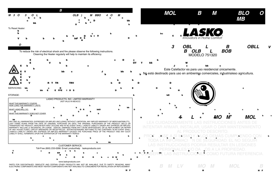 Lasko 751320 manual To Reset Heater, Lasko PRODUCTS, INC. Limited Warranty, Customer Service 