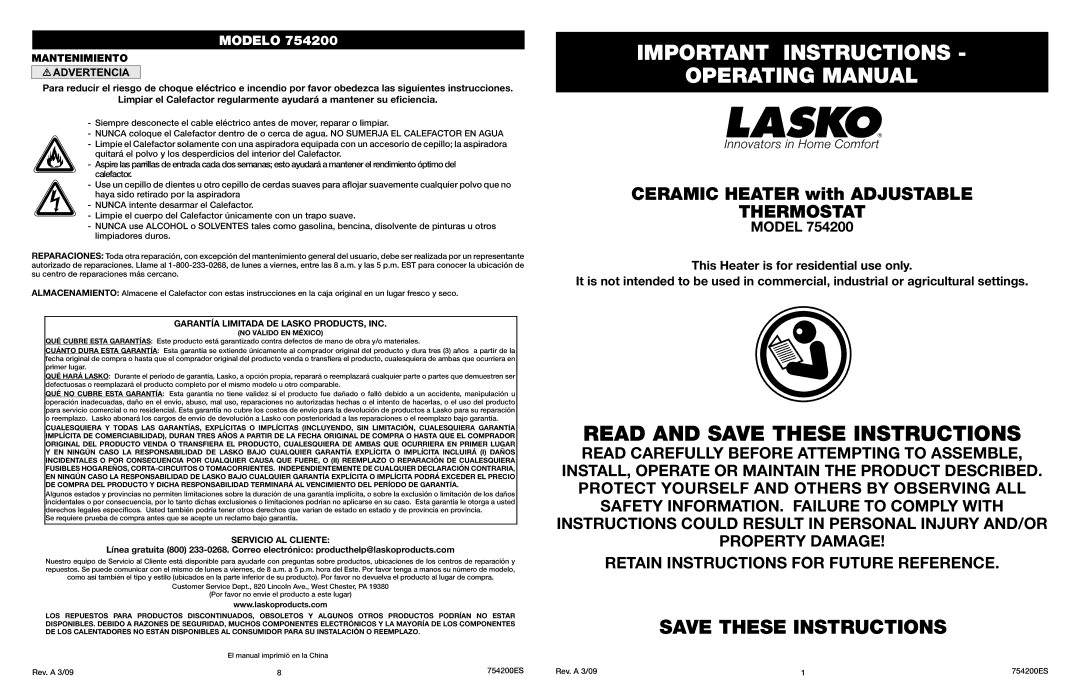 Lasko 754200 manual Mantenimiento, Garantía Limitada DE Lasko PRODUCTS, INC, Servicio AL Cliente 