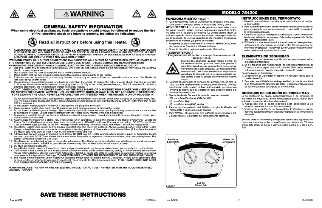 Lasko 754200 Instrucciones DEL Termostato, Elementos DE Seguridad, Consejos DE Solución DE Problemas, Para Calor Bajo 