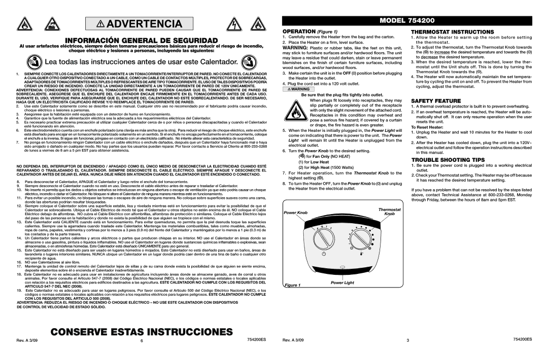 Lasko 754200 manual Thermostat Instructions, Safety Feature, Trouble Shooting Tips 