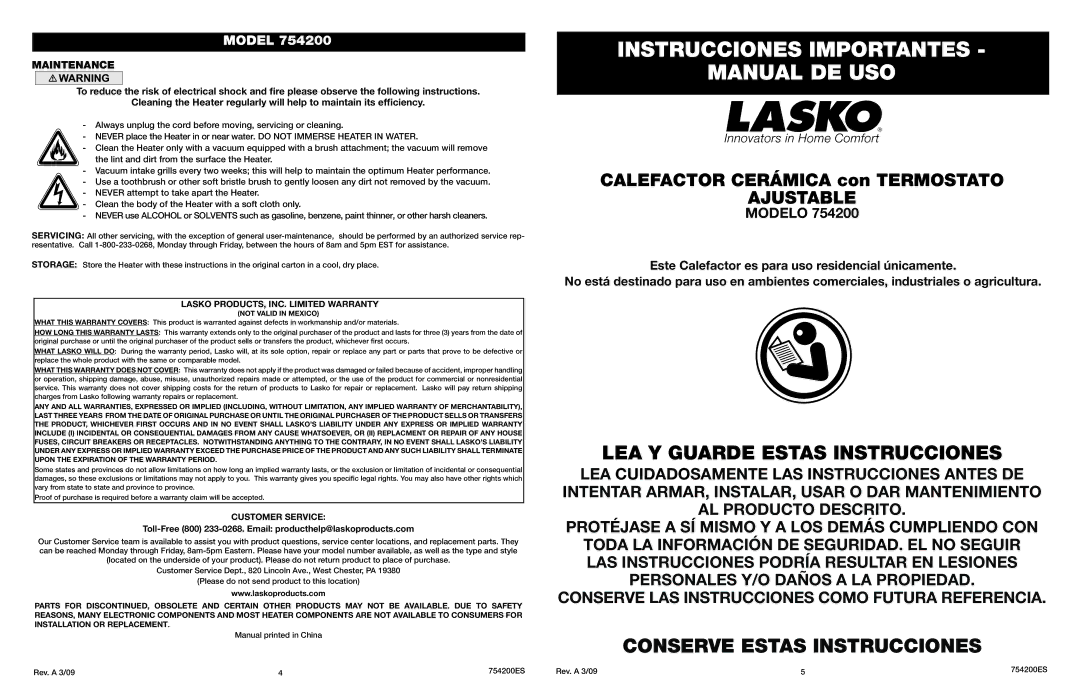 Lasko 754200 manual Maintenance,  LASKO PRODUCTS, INC. Limited Warranty, Customer Service 