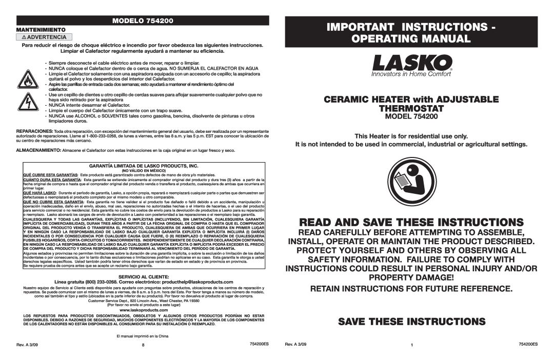 Lasko 754200 manual Important Instructions Operating Manual, Read And Save These Instructions, Modelo 