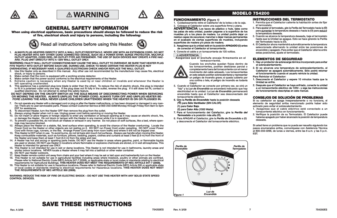Lasko 754200 manual Save These Instructions, Read all instructions before using this Heater, Modelo, FUNCIONAMIENTO Figura 