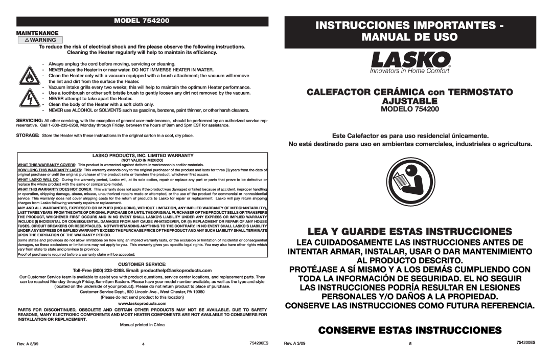 Lasko 754200 manual Instrucciones Importantes Manual De Uso, Lea Y Guarde Estas Instrucciones, Conserve Estas Instrucciones 
