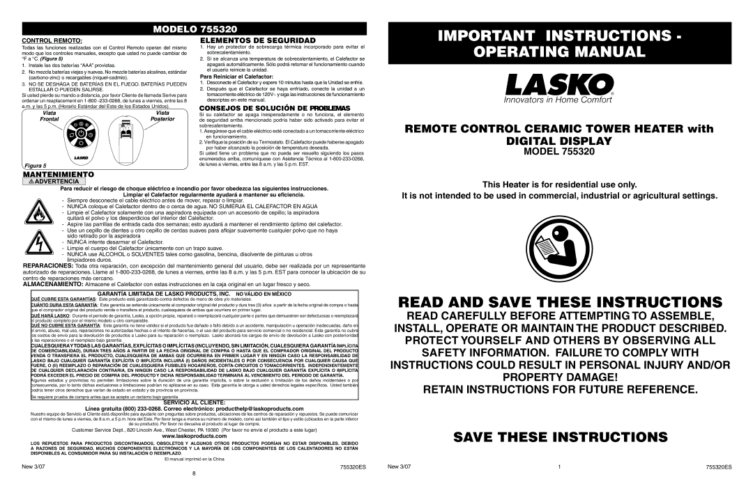 Lasko 755320 manual Important Instructions, Operating Manual, Elementos DE Seguridad, Mantenimiento, Control Remoto 