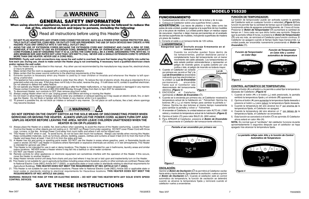 Lasko 755320 manual Funcionamiento, Oscilación, Función DE Temporizador, Control Automático DE Temperatura 