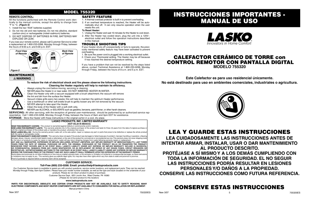 Lasko 755320 manual Instrucciones Importantes, Manual DE USO, Safety Feature, Trouble Shooting Tips, Maintenance 