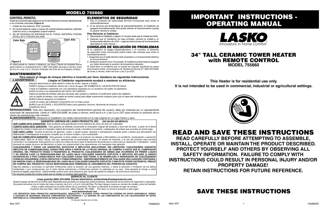 Lasko 755660 manual Important Instructions, Operating Manual, Mantenimiento Elementos DE Seguridad, Control Remoto 