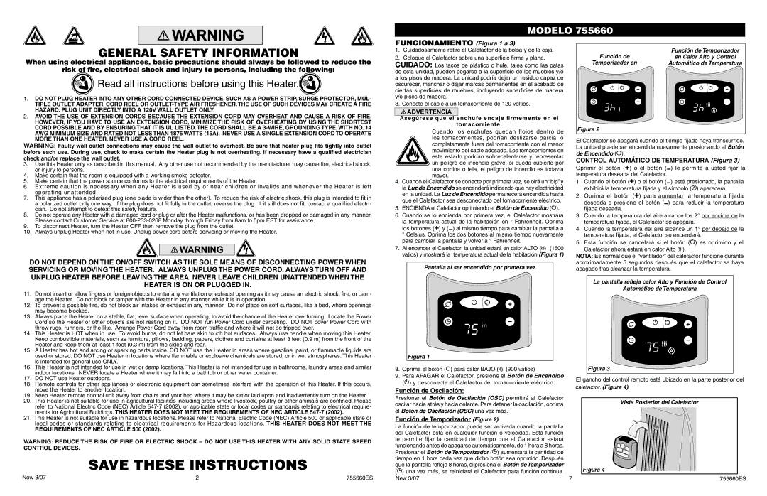 Lasko 755660 manual Función de Oscilación, Función de Temporizador Figura, Control Automático DE Temperatura Figura 