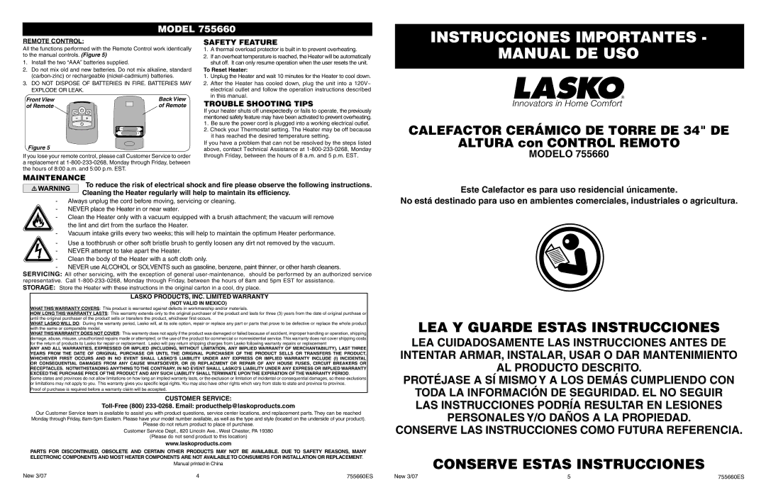 Lasko 755660 manual Instrucciones Importantes, Manual DE USO, Safety Feature, Trouble Shooting Tips, Maintenance 