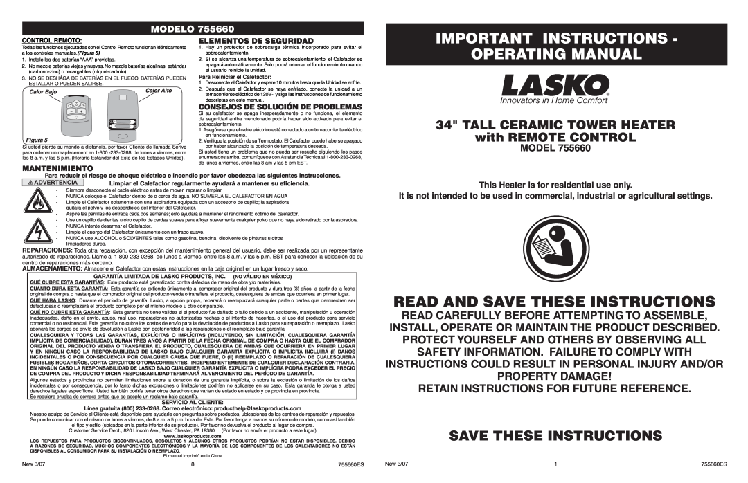 Lasko 755660 manual Important Instructions, Operating Manual, Read And Save These Instructions, Modelo 