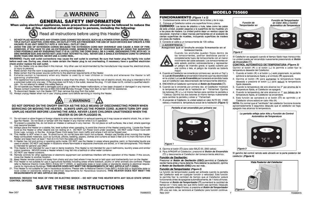 Lasko 755660 Save These Instructions, General Safety Information, Read all instructions before using this Heater, Modelo 