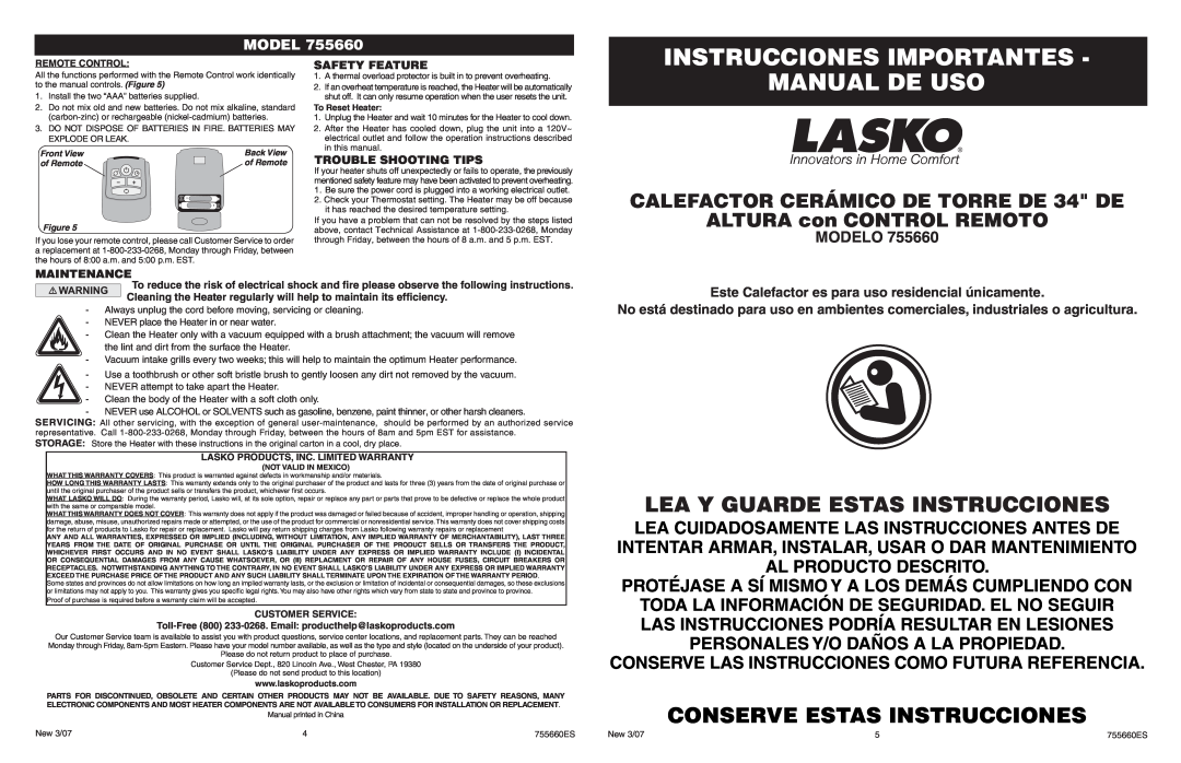 Lasko 755660 Instrucciones Importantes, Manual De Uso, Lea Y Guarde Estas Instrucciones, Conserve Estas Instrucciones 