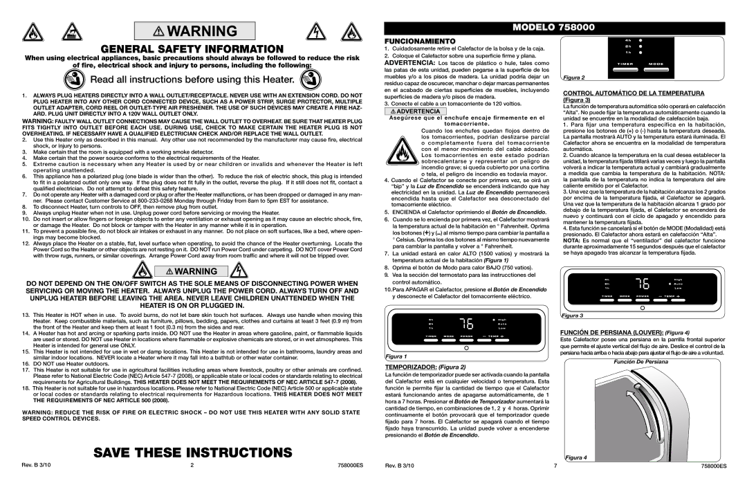 Lasko 758000 manual Funcionamiento, Temporizador Figura, Control Automático DE LA Temperatura Figura 