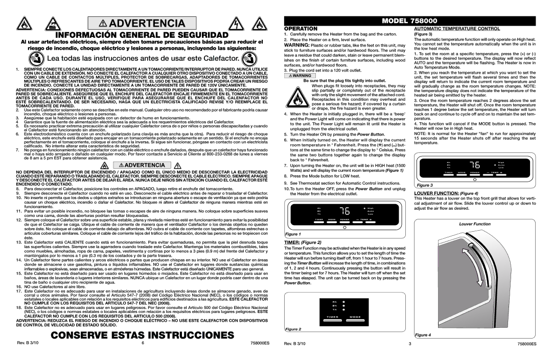 Lasko 758000 manual Operation, Louver Function Figure 