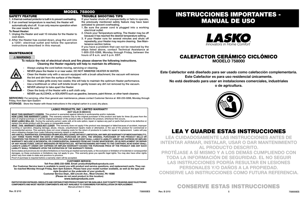 Lasko 758000 manual Safety Feature Trouble Shooting Tips, Maintenance, To Reset Heater 