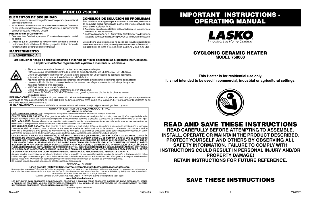 Lasko 758000 manual Important Instructions, Operating Manual, Elementos DE Seguridad, Consejos DE Solución DE Problemas 