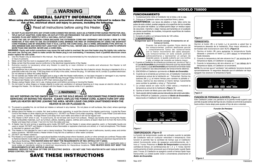 Lasko 758000 manual Funcionamiento, Temporizador Figura, Termostato, Función DE Persiana Louver Figura 