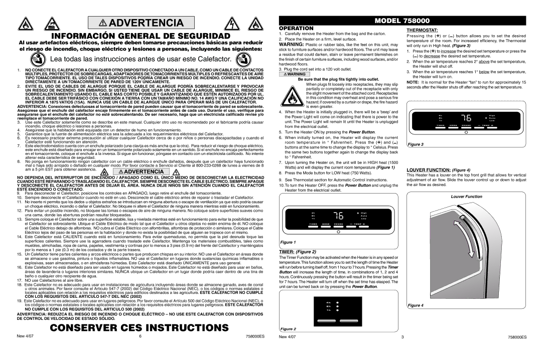 Lasko 758000 manual Operation, Thermostat, Louver Function Figure 