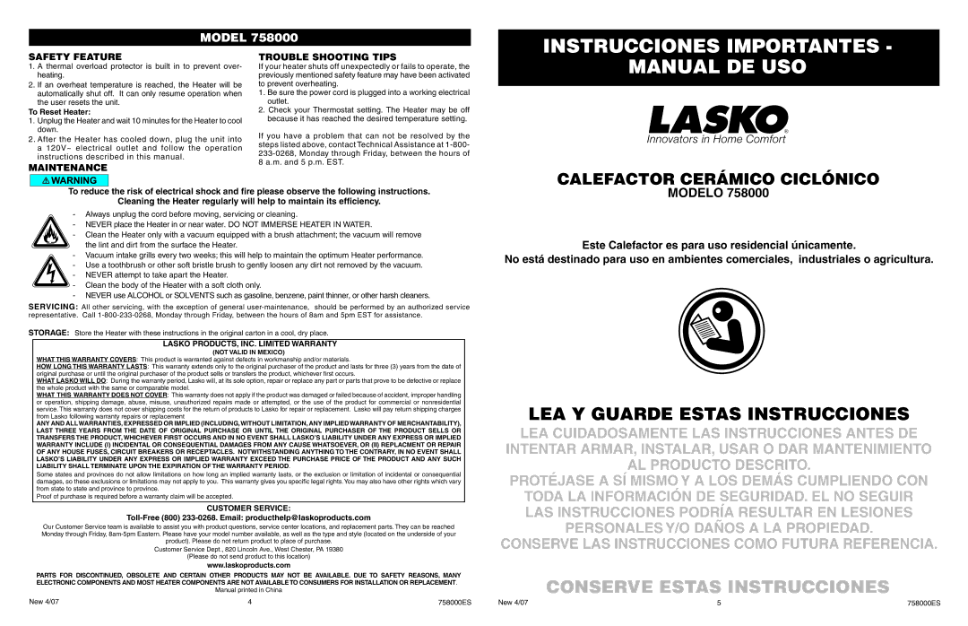 Lasko 758000 manual Instrucciones Importantes, Manual DE USO, Safety Feature, Maintenance Trouble Shooting Tips 