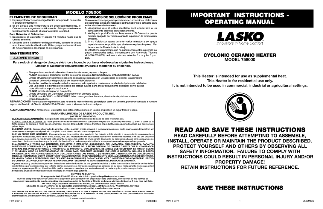 Lasko 758000 manual Important Instructions, Operating Manual, Read And Save These Instructions, Modelo 