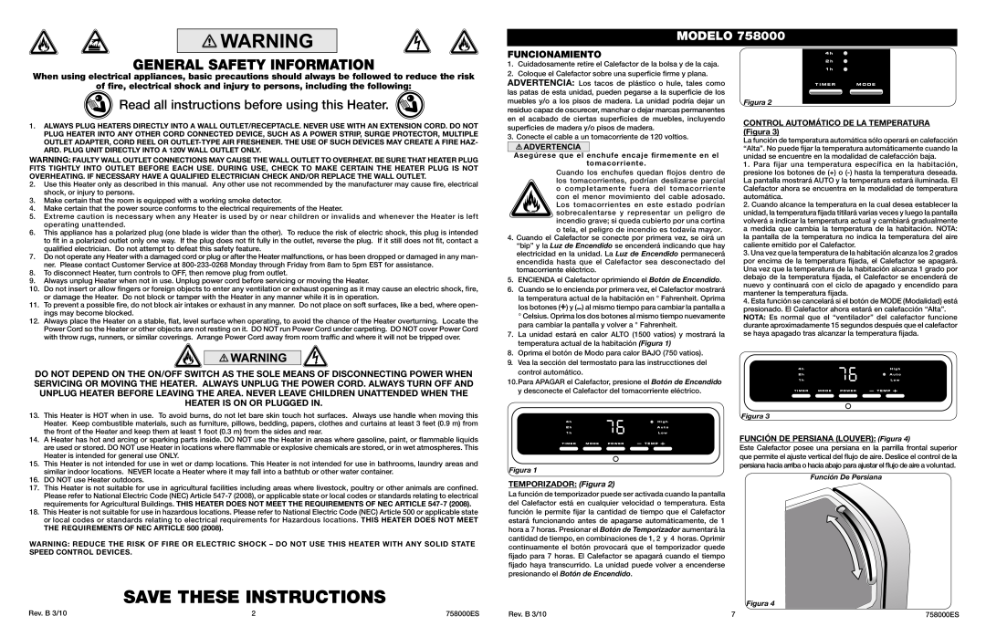 Lasko 758000 Save These Instructions, General Safety Information, Read all instructions before using this Heater, Modelo 
