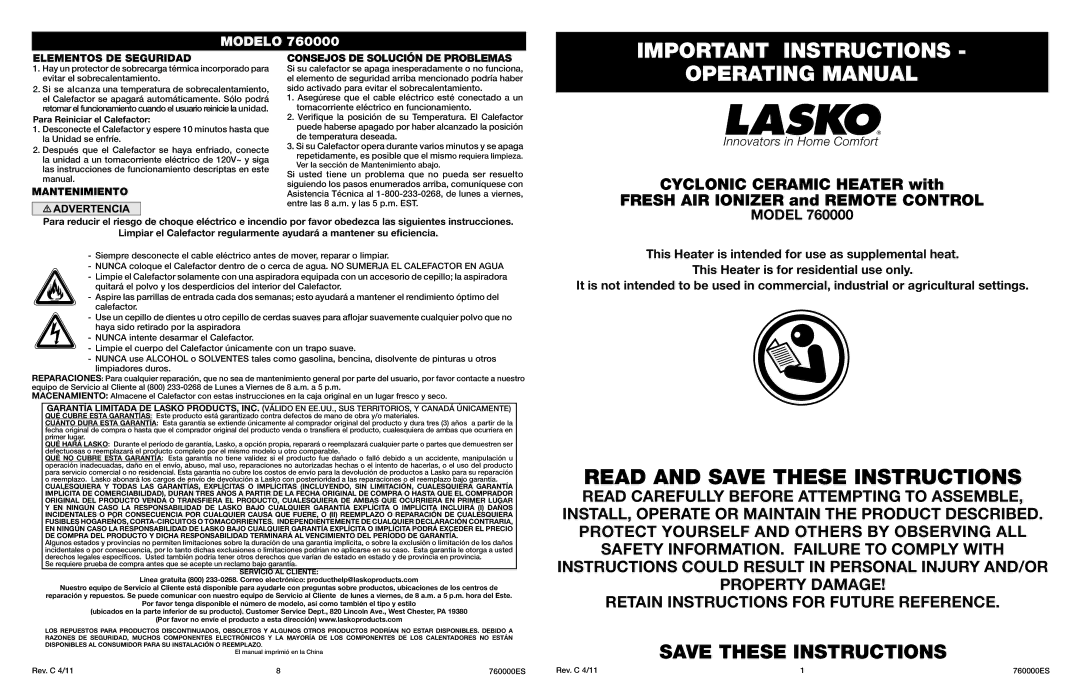 Lasko 760000 manual Important Instructions, Operating Manual, Elementos DE Seguridad, Para Reiniciar el Calefactor 