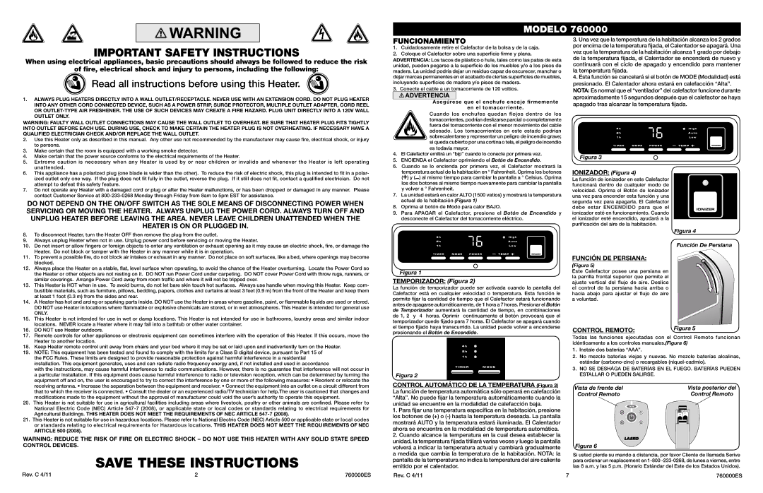 Lasko 760000 manual Funcionamiento, Temporizador Figura, Control Automático DE LA Temperatura Figura 