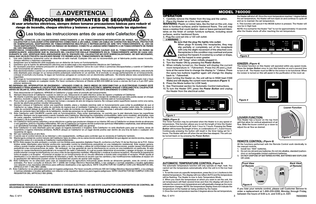 Lasko 760000 manual Operation, Remote Control Figure, Automatic Temperature Control Figure 