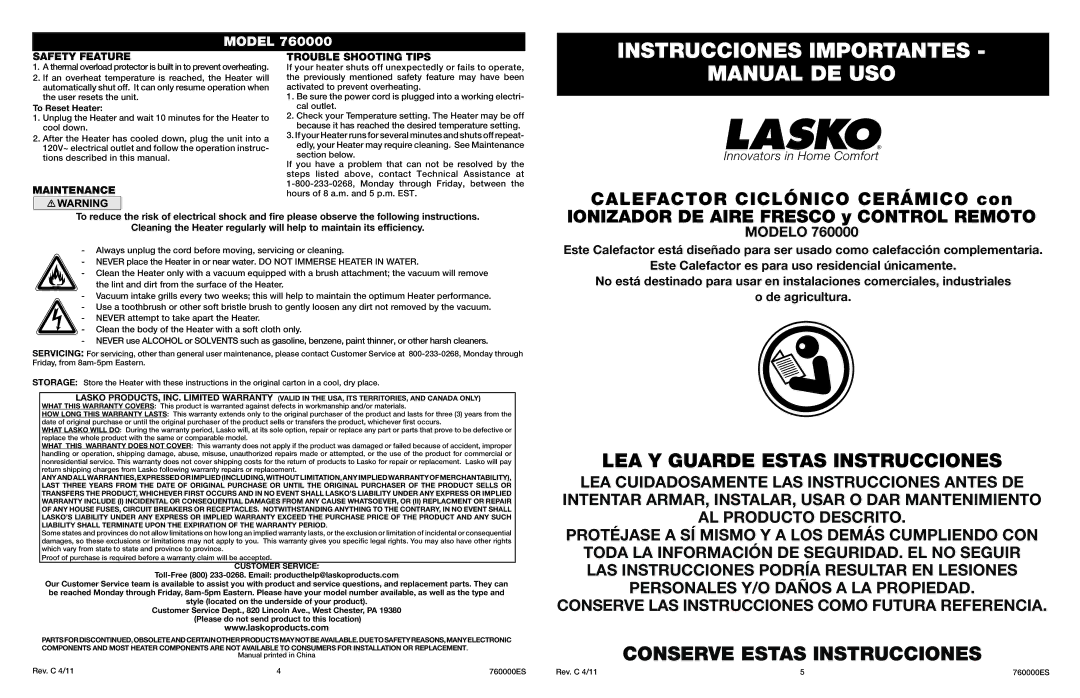 Lasko 760000 Instrucciones Importantes, Manual DE USO, Safety Feature, Maintenance Trouble Shooting Tips, To Reset Heater 