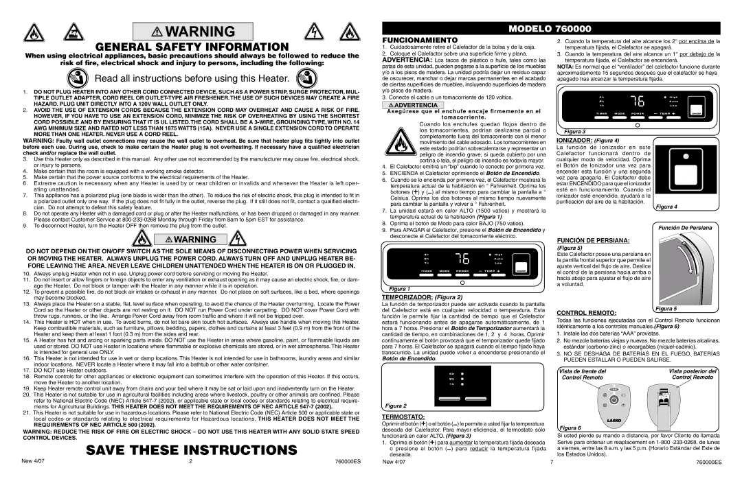 Lasko 760000 manual Funcionamiento, Temporizador Figura, Función DE Persiana, Control Remoto, Termostato 