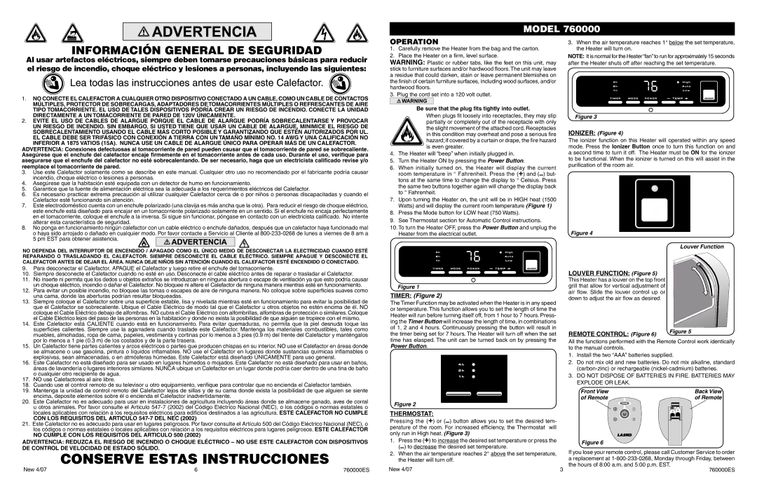 Lasko 760000 manual Operation, Louver Function Figure, Thermostat 