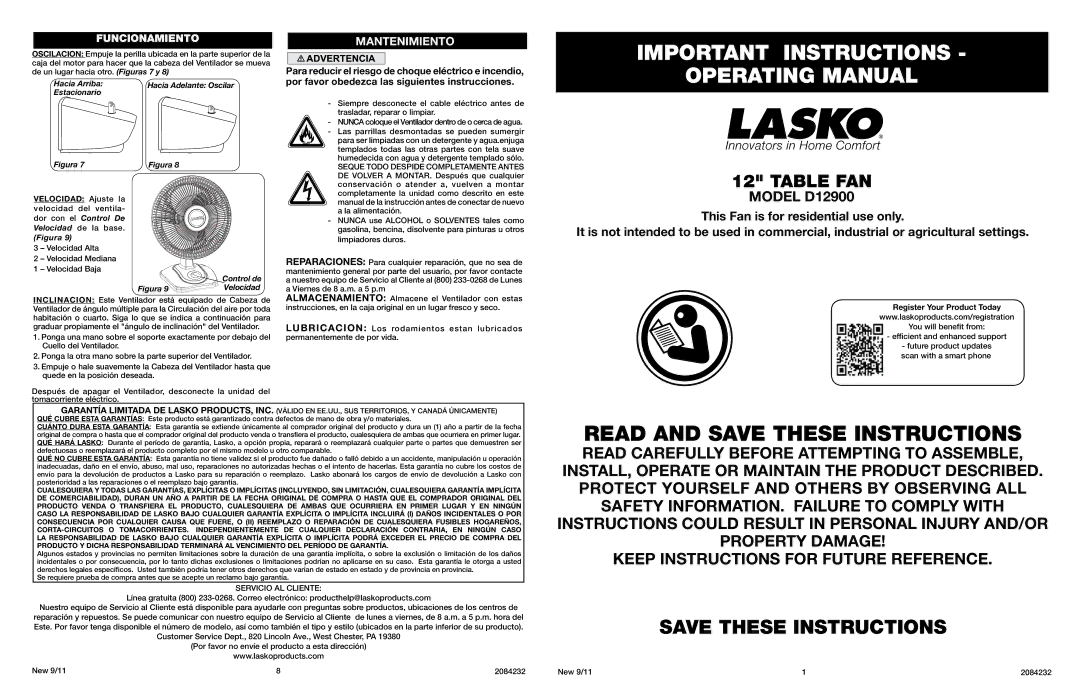 Lasko D12900 manual Important Instructions Operating Manual, Funcionamientomantenimiento, Hacia Arriba, Estacionario 