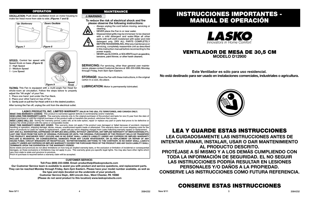 Lasko D12900 manual Instrucciones Importantes, Manual DE Operación, Operation Maintenance, Up Stationary, Speed Knob 